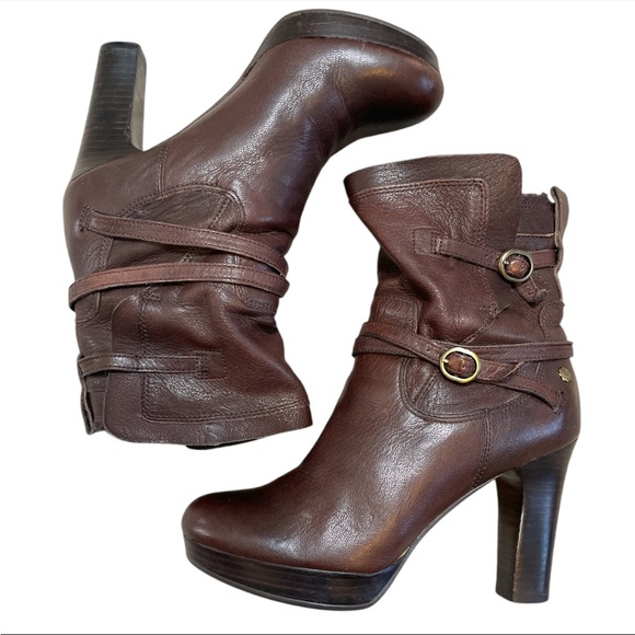 UGG Olivia Brown Leather High Heel Platform ankle Boots Sherpa  Women's US 6.5 - Picture 1 of 7